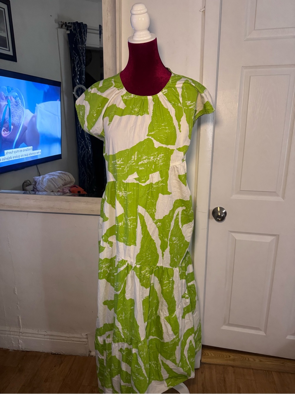 1. State Lime Green and White Abstract Tiered Cotton Dress